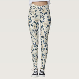 Modern Chinoiserie Ivory Rose Navy Botanical Leggings
