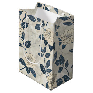 Modern Chinoiserie Ivory Rose Navy Botanical Medium Gift Bag