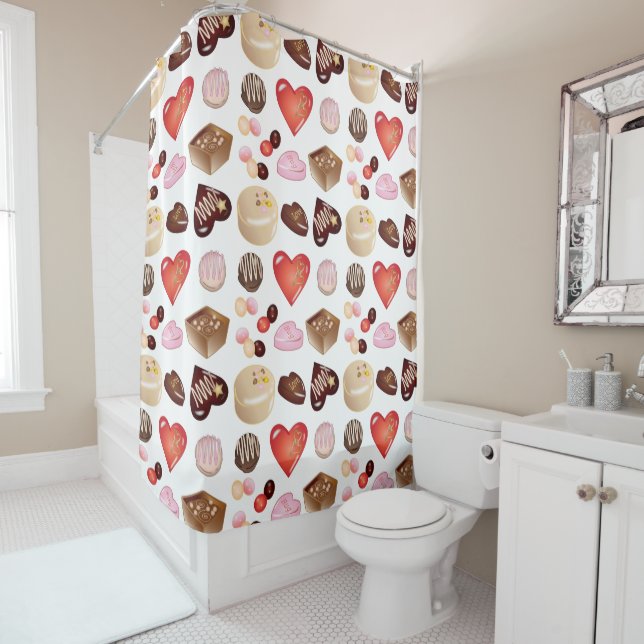 Modern Chocolate Candy Heart Pattern Shower Curtain (In Situ)