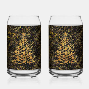 Modern, Chrismas Tree, Black Gold Cross Pattern Can Glass