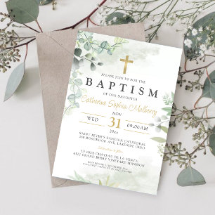 Modern Christening Eucalyptus Greenery Baptism  Invitation
