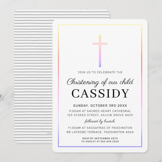 MODERN CHRISTENING gold cross simple rainbow Invitation (Front/Back)