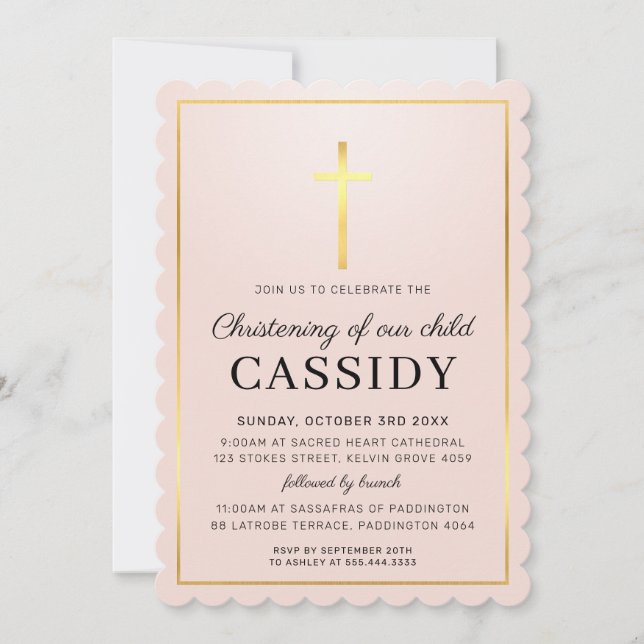 MODERN CHRISTENING gold foil cross baby pink Invitation (Front)