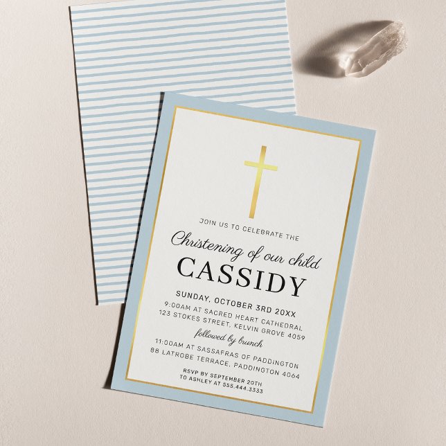 MODERN CHRISTENING gold foil cross cute baby blue Invitation (Creator Uploaded)