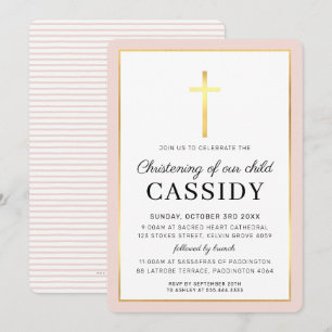 MODERN CHRISTENING gold foil cross cute blush pink Invitation