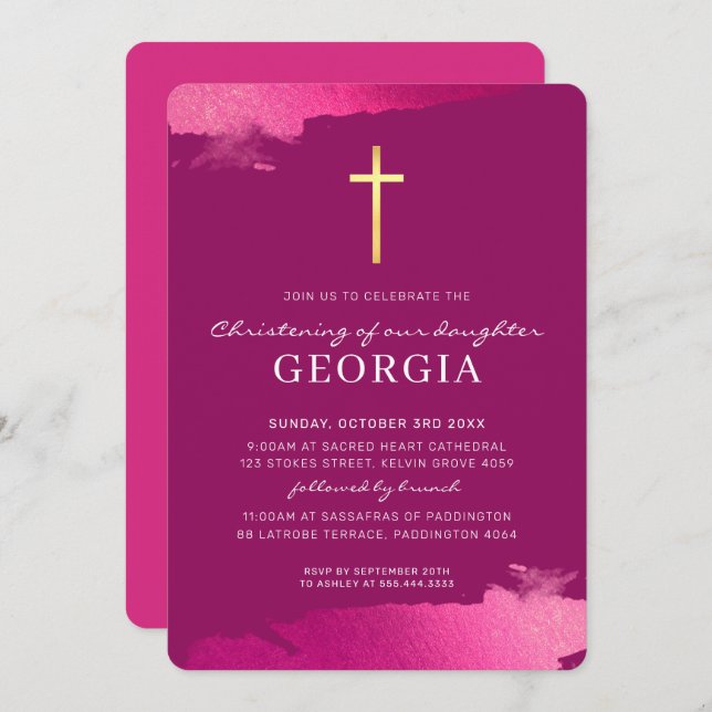 MODERN CHRISTENING gold foil cross dark pink Invitation (Front/Back)