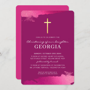 MODERN CHRISTENING gold foil cross dark pink Invitation