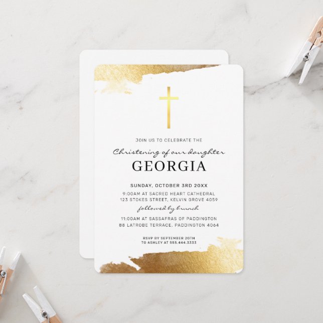 MODERN CHRISTENING gold foil cross simple Invitation (Front/Back In Situ)