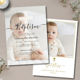 Modern Christian Baptism Photo Gold Cross Invitation
