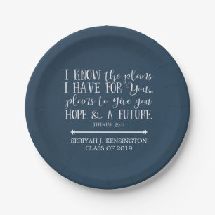 Modern Christian Bible Verse Blue Graduation Paper Plate