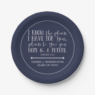 Modern Christian Bible Verse Blue Graduation Paper Plate