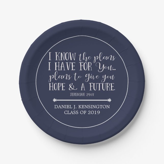 Modern Christian Bible Verse Blue Graduation Paper Plate (Front)