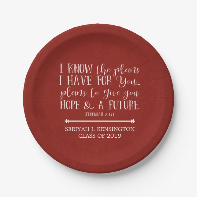 Modern Christian Bible Verse Rustic Red Graduation Paper Plate (Front)