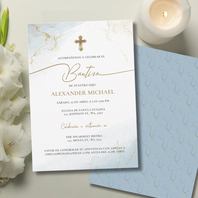 Modern Christian Blue Cross Boy Baptism Bautizo Invitation (Creator Uploaded)