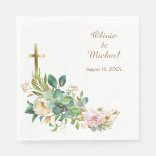 Modern Christian Cross Floral Wedding Napkin