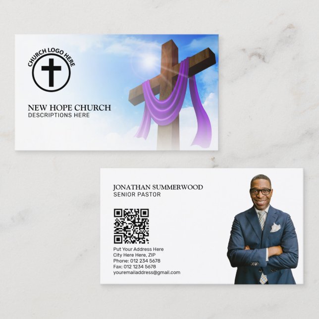 Modern Christian Pastor Cross Cloudscape QR Code Business Card (Front/Back)
