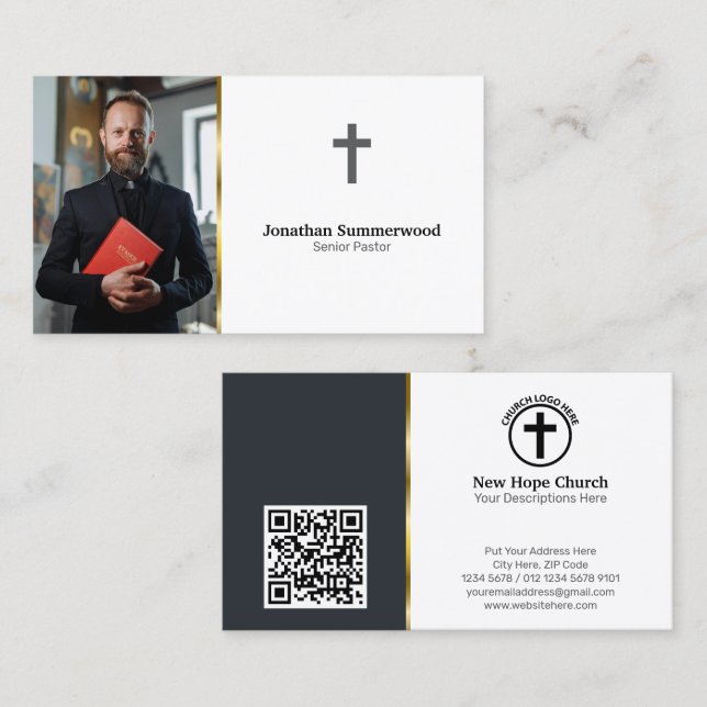 Modern Christian Pastor with Photo & QR Code Business Card (Front/Back)