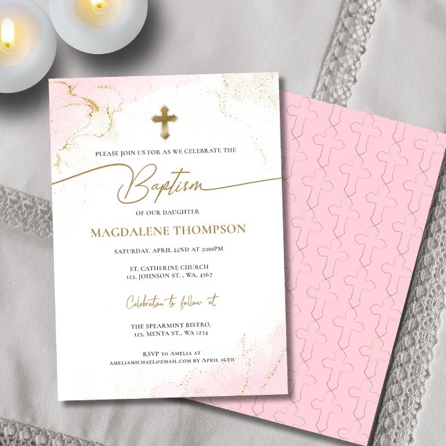 Modern Christian Pink Gold Cross Girl Baptism Invitation (Creator Uploaded)