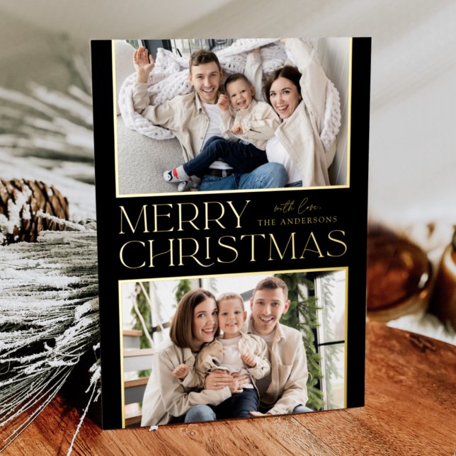 Modern Christmas 2 Photo Black and Gold Foil Holiday Card (Creator Uploaded)
