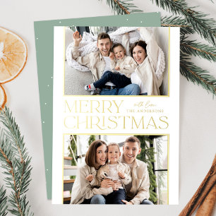 Modern Christmas 2 Photo Mint Green and Gold Foil Holiday Card