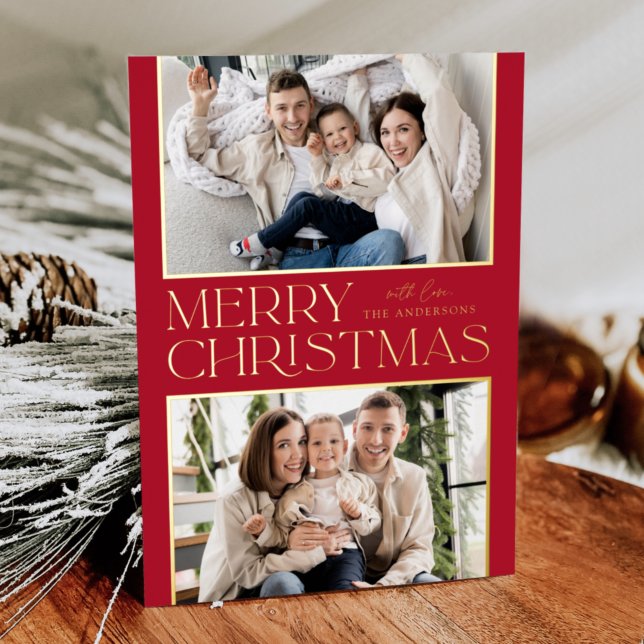 Modern Christmas 2 Photo Red and Gold Foil Holiday Card (Creator Uploaded)