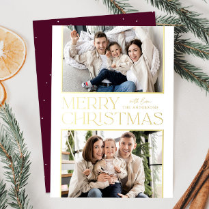 Modern Christmas 2 Photo Wine and Gold Foil Holiday Card