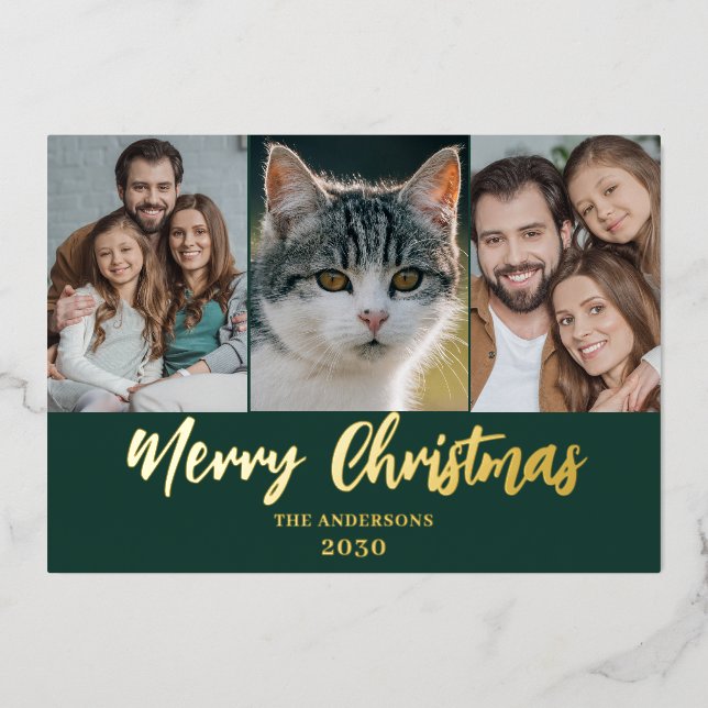 Modern Christmas 3 Photo Gold  Foil Holiday Card (Front)