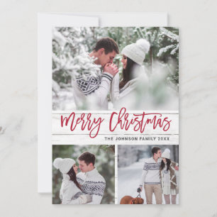 Modern Christmas 3 PHOTO Rustic Wood Greeting Holiday Card