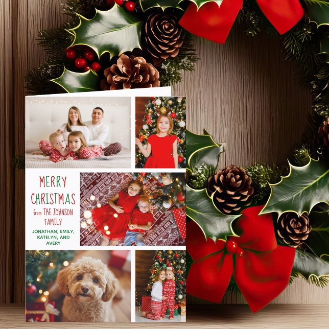 Modern Christmas 5 Photo Collage Red Green Folded Holiday Card (Creator Uploaded)