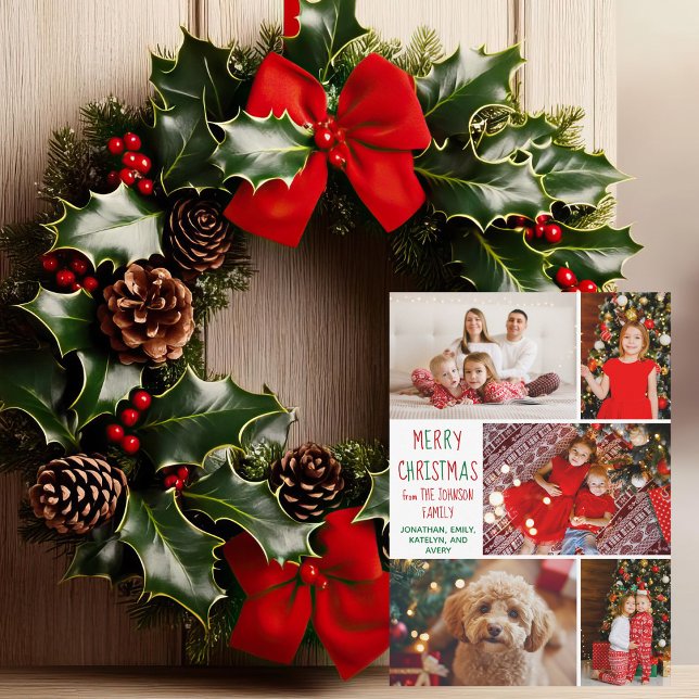 Modern Christmas 5 Photo Collage Red Green Script Holiday Card (Creator Uploaded)