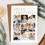 Modern Christmas 9 Photo Collage Holiday Card<br><div class="desc">Modern Christmas photo card featuring "Merry Christmas" displayed at the top of the design in trendy toffee-brown lettering with a white background. A photo collage of 9 photos is shown below in a grid-style layout. Personalise the multi-photo Christmas card with your family name. The card reverses to display a toffee-brown...</div>