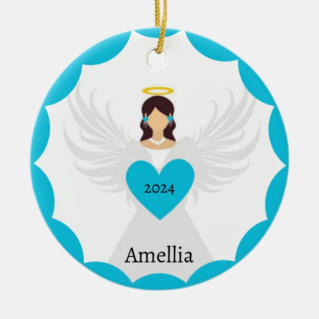 Modern Christmas Angel Blue Heart Custom Year Name Ceramic Ornament (Front)