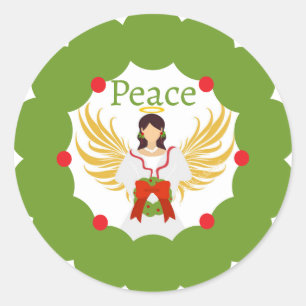 Modern Christmas Angel Peace Red Green Wreath Classic Round Sticker