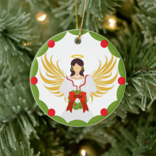 Modern Christmas Angel Red Green Holly Wreath 2024 Ceramic Ornament