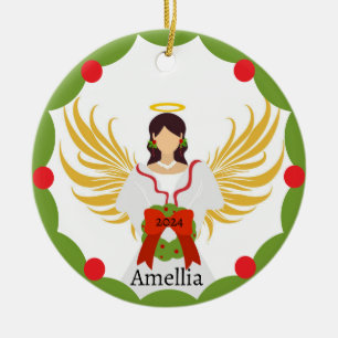 Modern Christmas Angel Red Green Holly Wreath Name Ceramic Ornament