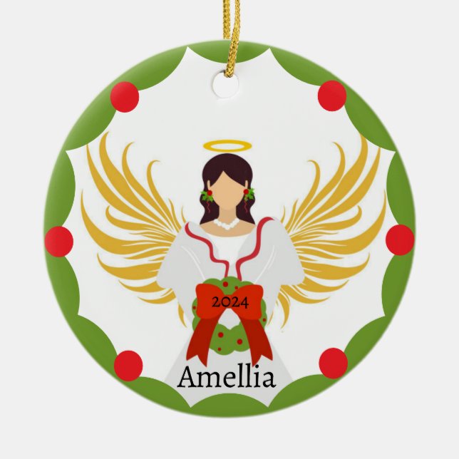 Modern Christmas Angel Red Green Holly Wreath Name Ceramic Ornament (Front)