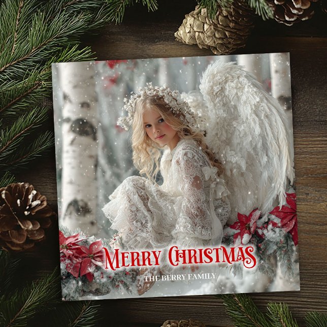 Modern Christmas angel red poinsettias seasonal  Holiday Card (Modern Christmas angel red poinsettias seasonal card)
