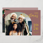 Modern Christmas arch 2 photo minimalist taupe Foil Holiday Card<br><div class="desc">This elegant and modern Christmas greeting card features a minimalist design displaying two of your favourite family pictures inside a trendy arch frame. Easily customisable with your family name and the current year in stylish gold foil serif fonts over a modern rose taupe background on the front and with your...</div>