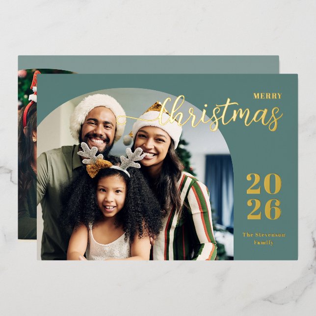 Modern Christmas arch 2 photo minimalist teal Foil Holiday Card (Front/Back)