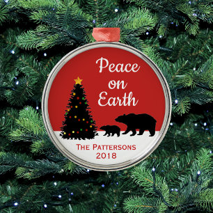 Modern Christmas Bears Peace On Earth Metal Ornament
