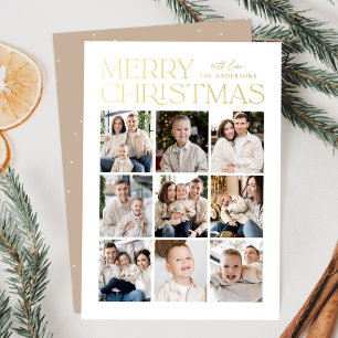 Modern Christmas Beige 9 Photo Collage Foil Holiday Card