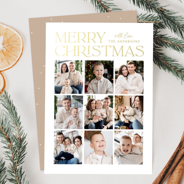 Modern Christmas Beige 9 Photo Collage Foil Holiday Card (Creator Uploaded)