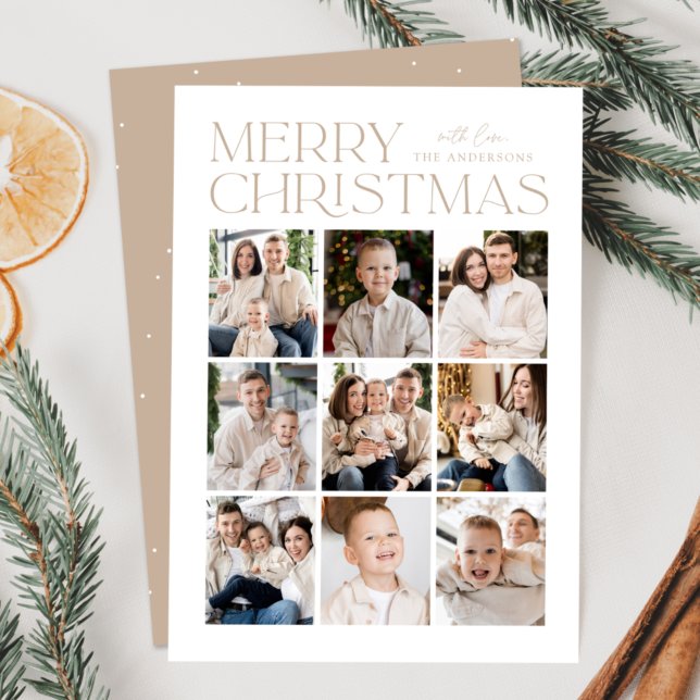 Modern Christmas Beige 9 Photo Collage Holiday Card (Creator Uploaded)