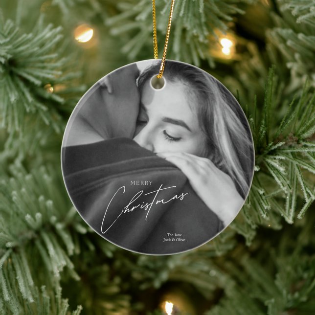 Modern Christmas Black and white couple photo  Ceramic Ornament (Creator Uploaded)