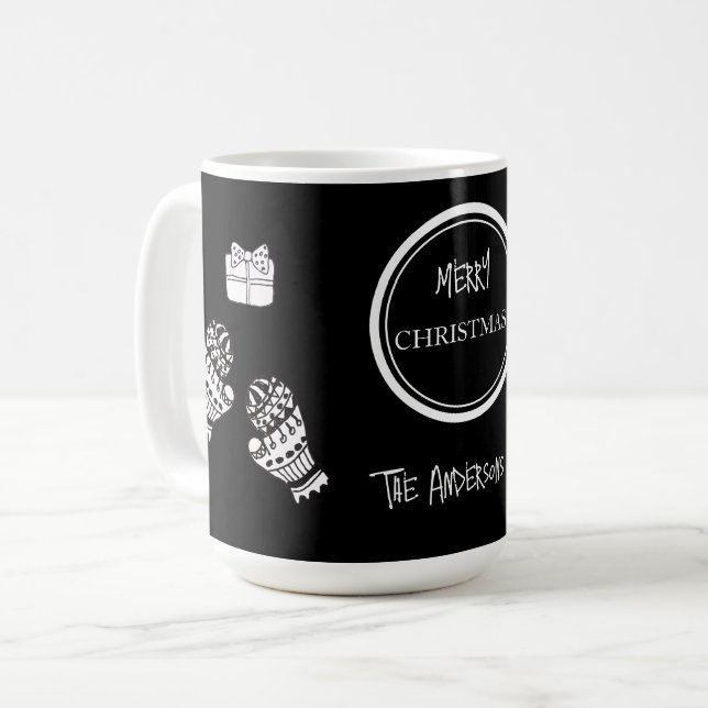 Modern Christmas Black and White Personalised Coffee Mug (Front Left)