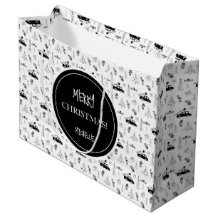 Modern Christmas Black and White Personalised Large Gift Bag