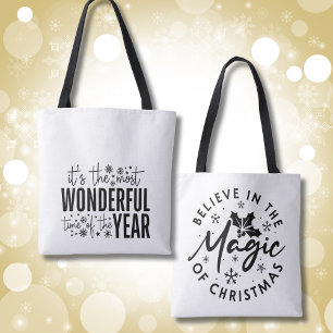 Modern Christmas Black and White Typography Tote Bag
