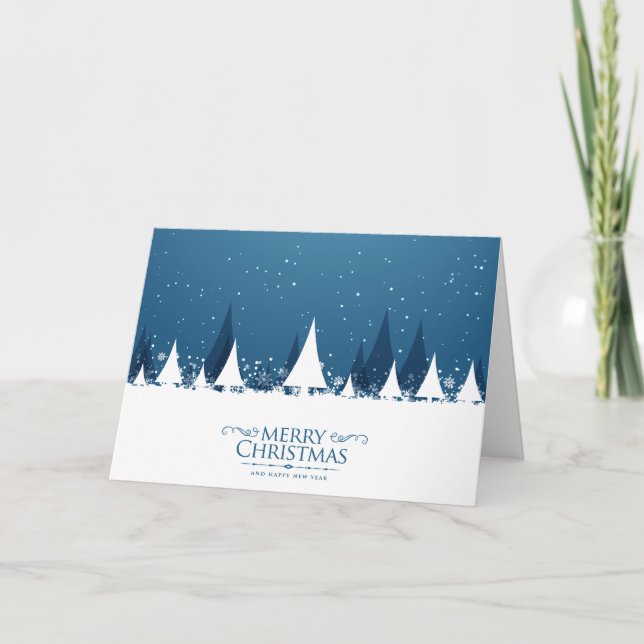 Modern Christmas Blue and White Forest Holiday Card (Front)