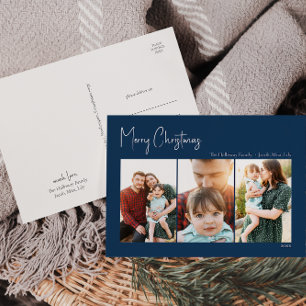 Modern Christmas   Blue Three-Photo Holiday Postcard