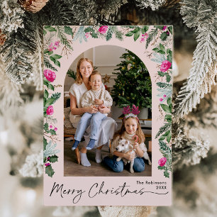 Modern Christmas Blush Pink Greenery Arch 1 Photo Holiday Card